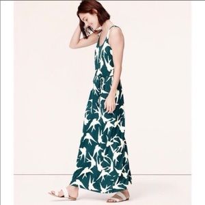 LOFT Bird Print Teal/White Maxi Dress